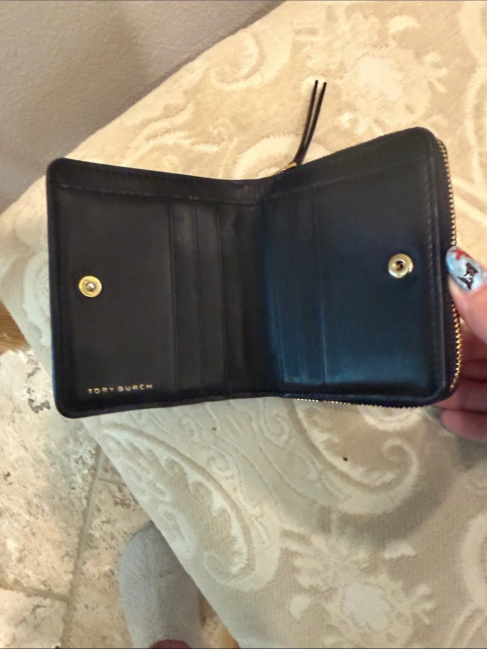 Tory Burch Kira Black Chevron Quilted Leather Bi-fold Wallet Gold Logo